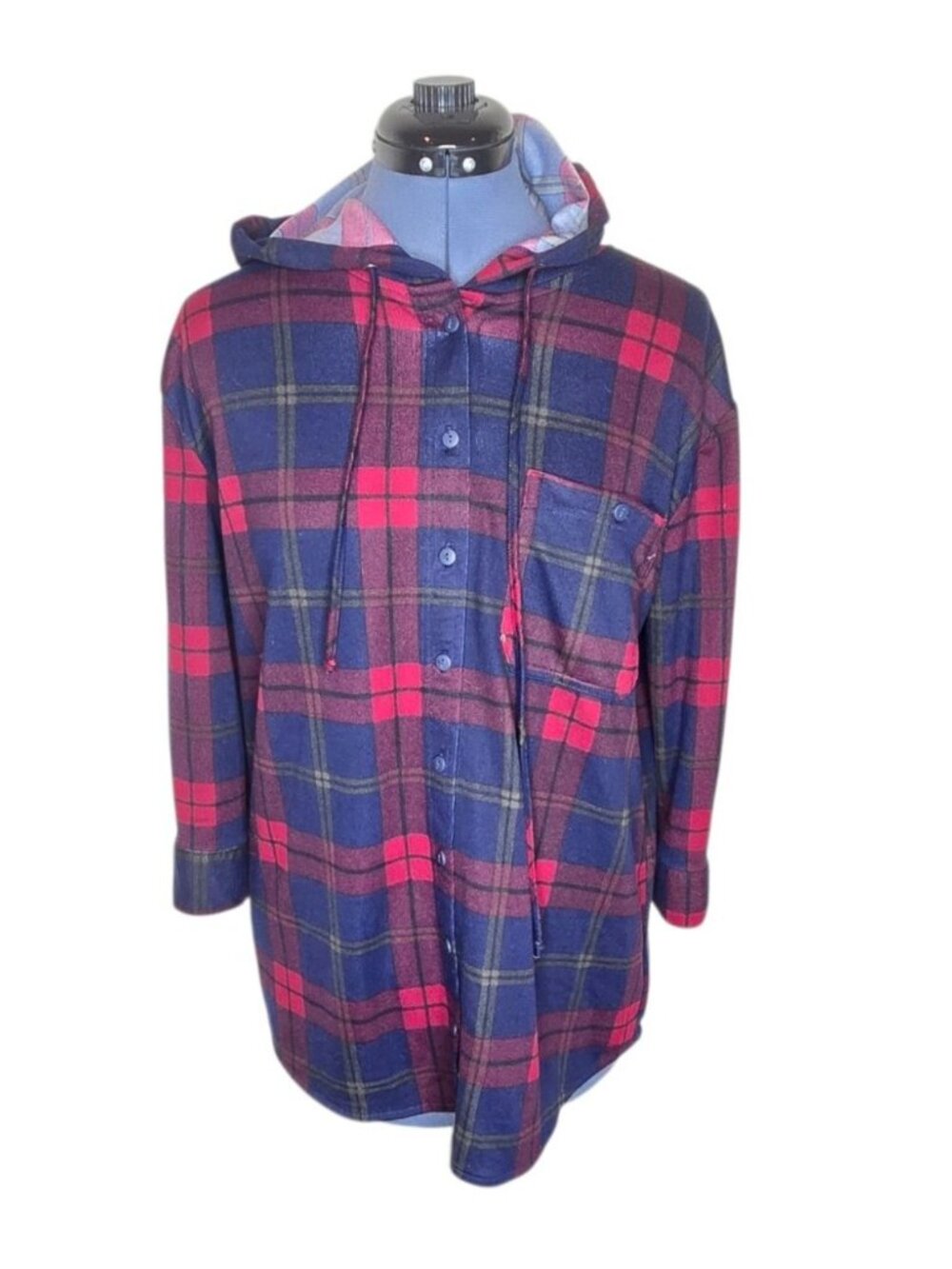 Eden & Olivia Hooded Plaid Shirt Women's Small Red Blue Flannel Tunic Top